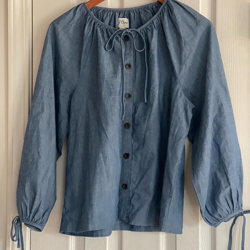 J. Crew Blue Button-Front Peasant Blouse with Tie Neck - Picture 1 of 6